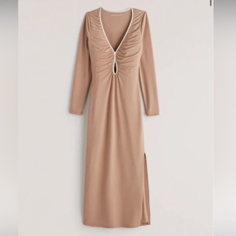 Abercrombie & Fitch Key Hole MIDI Bodycon Dress Tan S - Picture 2 of 9